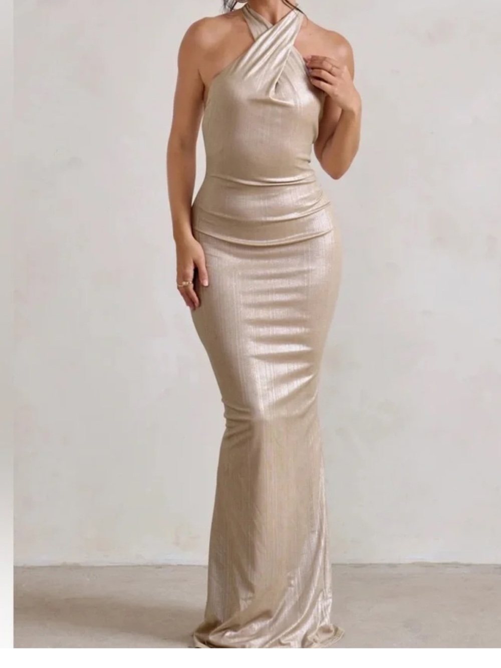 Club L London Gold Metallic Cross-Neck Maxi Dress